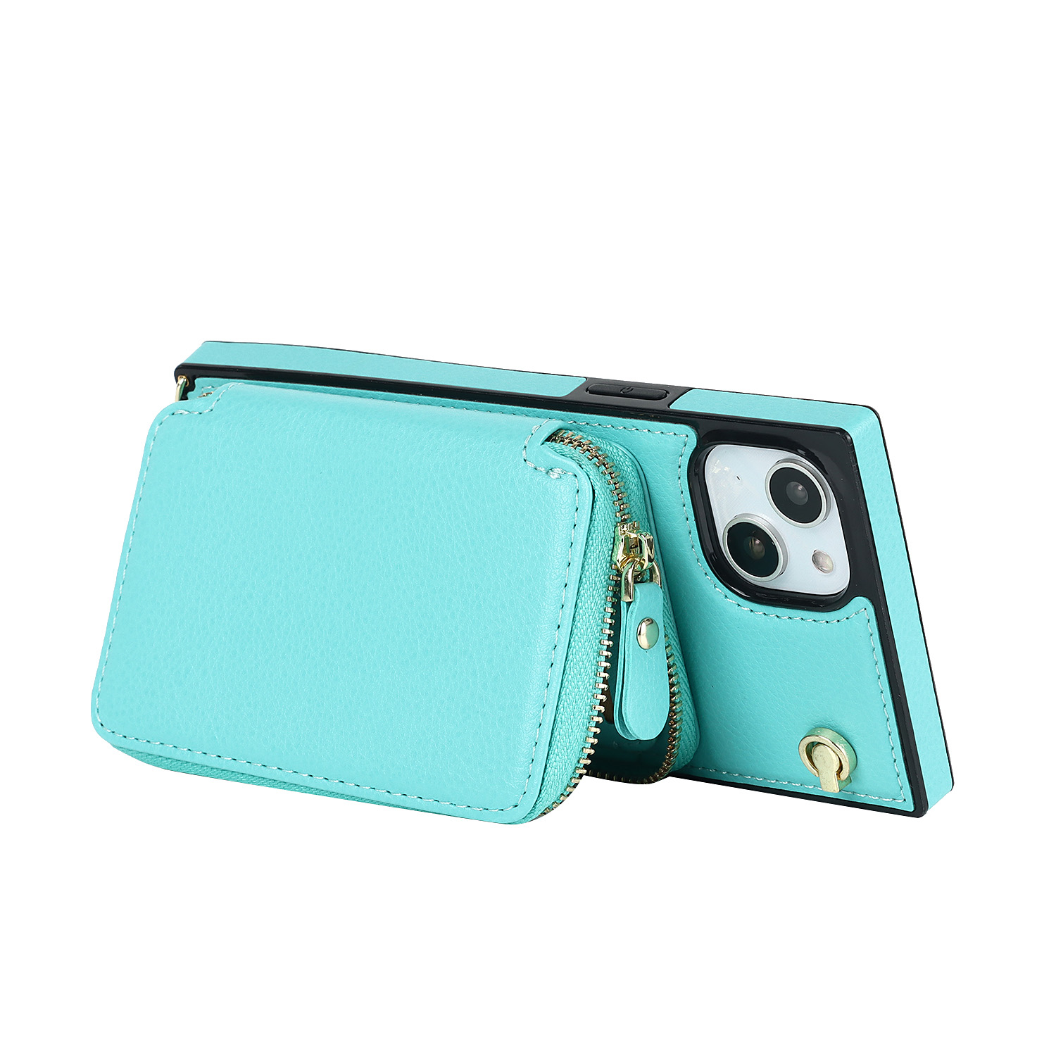 iPhone 15 Necklace Leder Schutz Hülle mit Kartenfächer   Handykette (140cm) - Türkis