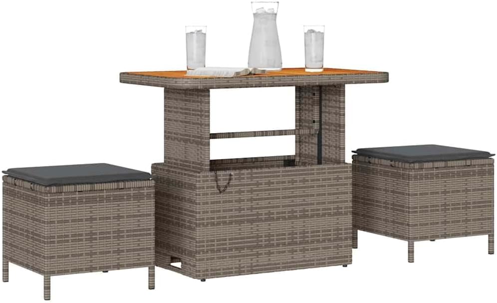 Garten Essgruppe Grau Poly-Rattan, Akazienholz, 2 Hocker, Kissen, Outdoor Möbel Set für Terrasse, Balkon, Essbereich, 100x100x79 cm