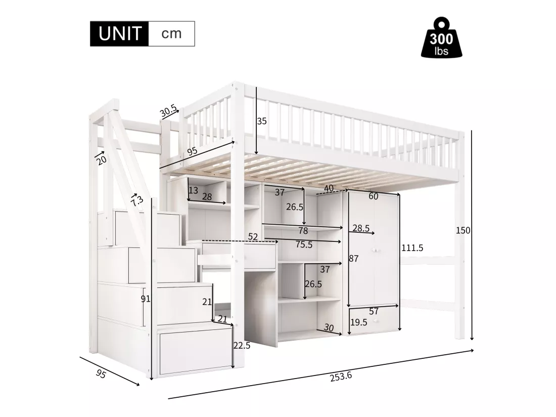 Lit mezzanine multifonctionnel en bois et MDF - 90x200 cm - avec escalier de rangement, bureau et armoire - Blanc(sans matelas)
