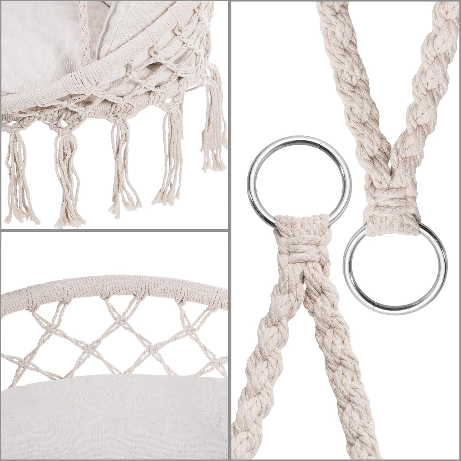 DETEX® Hängesessel bis 150kg Belastbar Boho Stil Wetterfest GS-Zertifiziert Garten 360° Drehbar Creme Hängestuhl Indoor & Outdoor inkl. bequemer Kissen