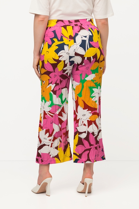 7/8-Hose, Leinenoptik, Blumen, weites Bein, Komfortbund