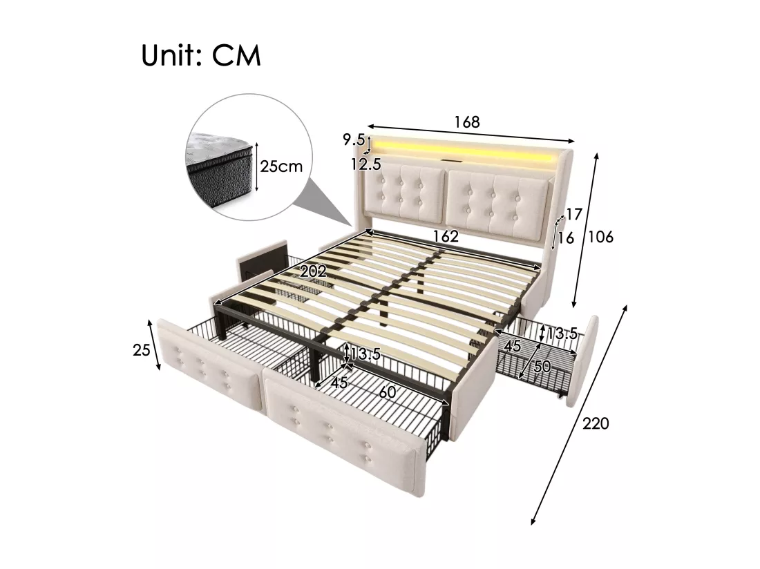 Lit capitonné 160 x 200 cm avec 4 tiroirs, tête de lit LED, prise USB Type-C - Tissu en coton - Beige (sans matelas)