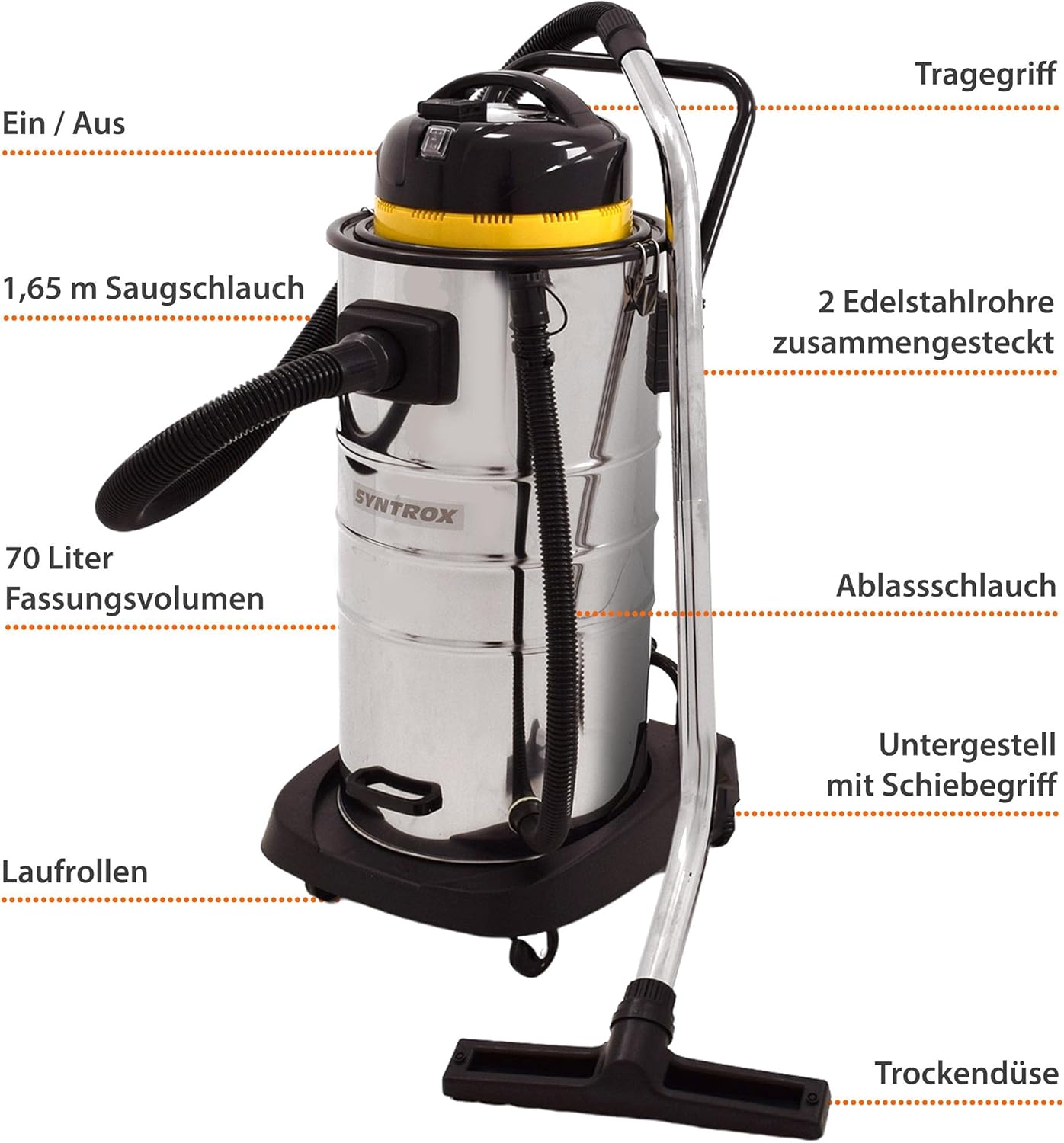 Syntrox Germany 70l Nass- und Trockensauger mit Edelstahlbehälter Mehrzwecksauger