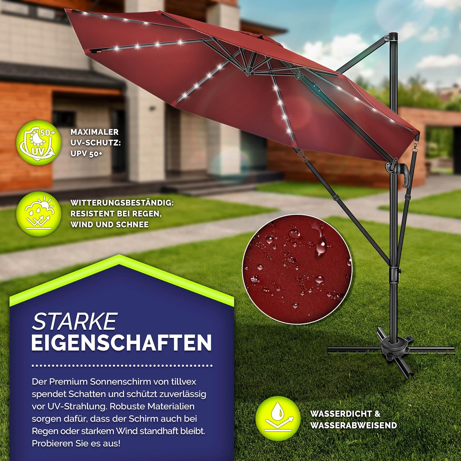 tillvex® Premium Alu Sonnenschirm 330 cm + Abdeckung & Windsicherung | Ampelschirm 6-Fach verstellbar mit Kurbel | Gartenschirm 360° Drehbar Neigbar Kippbar | UV50+ wasserdicht