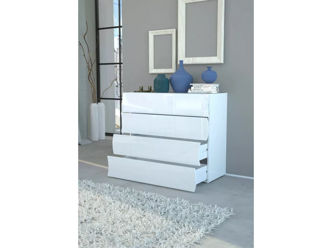 Commode Dhainau, Commode 4 tiroirs, Commode de chambre, 100% Made in Italy, 98x40h82 cm, Blanc brillant