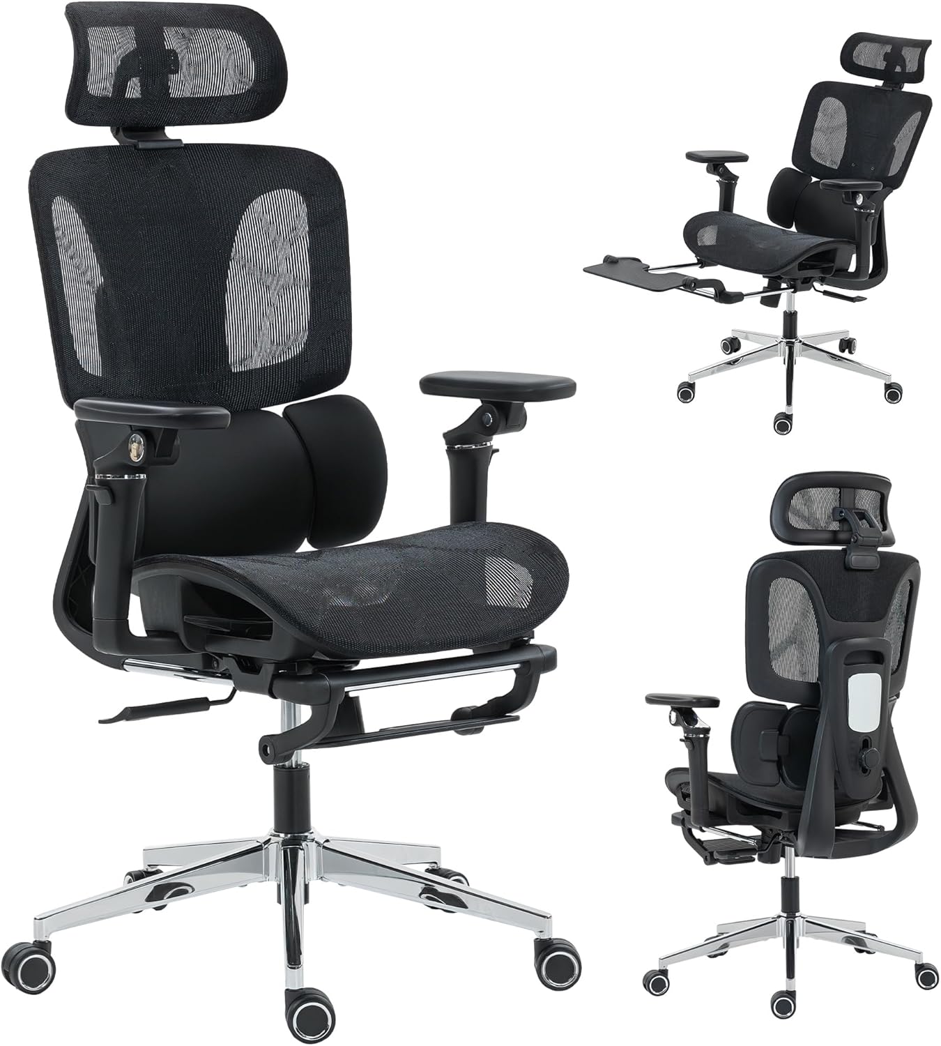 HOMCOM Bürostuhl Ergonomisch Schreibtischstuhl mit dreistufig verstellbar Lendenstütze verstellbar Sitztiefe drehbar Kopfstütze 6D-Armlehnen Höhenverstellbar Computerstuhl mit Neigungsfunktion Schwarz