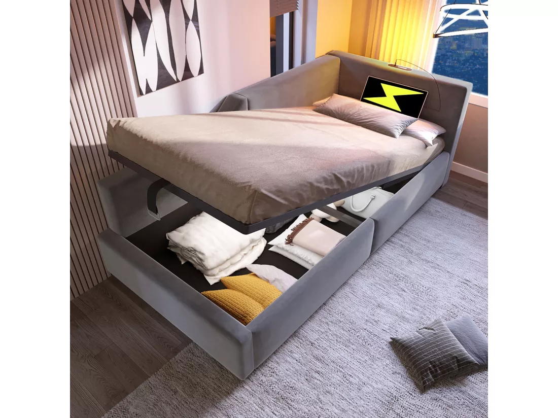 Canapé-lit pour enfants 90x190 cm, avec liseuse et chargeur USB-C, velours, gris