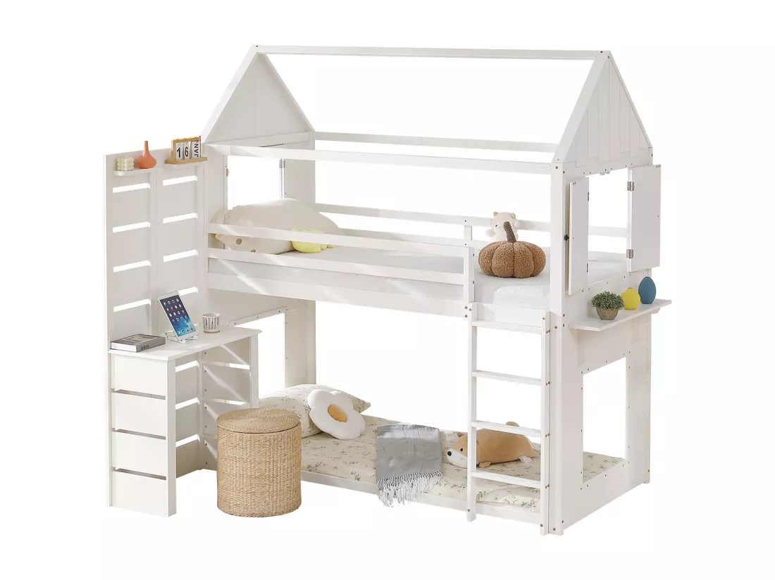 Lit mezzanine 90x200 cm en bois massif - avec bureau et échelle - Blanc