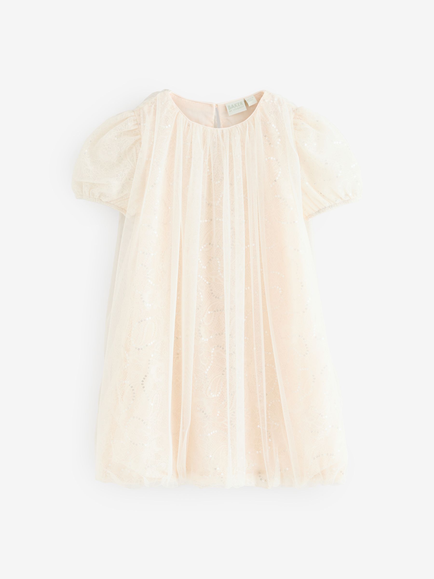 Baker by Ted Baker Crème jurk met Pailletten, kanten mesh en ballonzoom