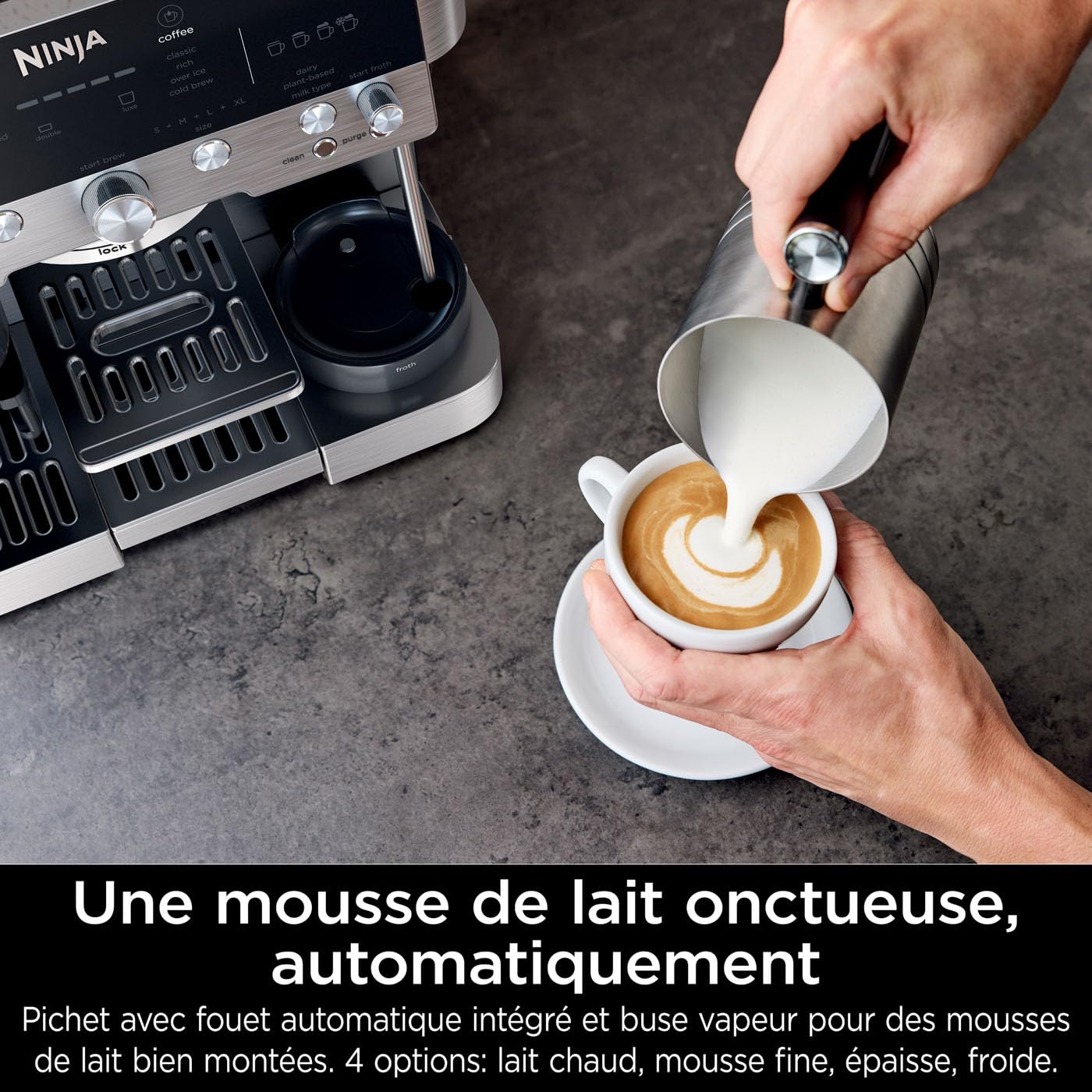 NINJA Machine à café Luxe Premier 3-en-1, Latte, Cappuccino, Infusion à froid et Espresso avec broyeur à grains et mousseur à lait intégrés, facile à