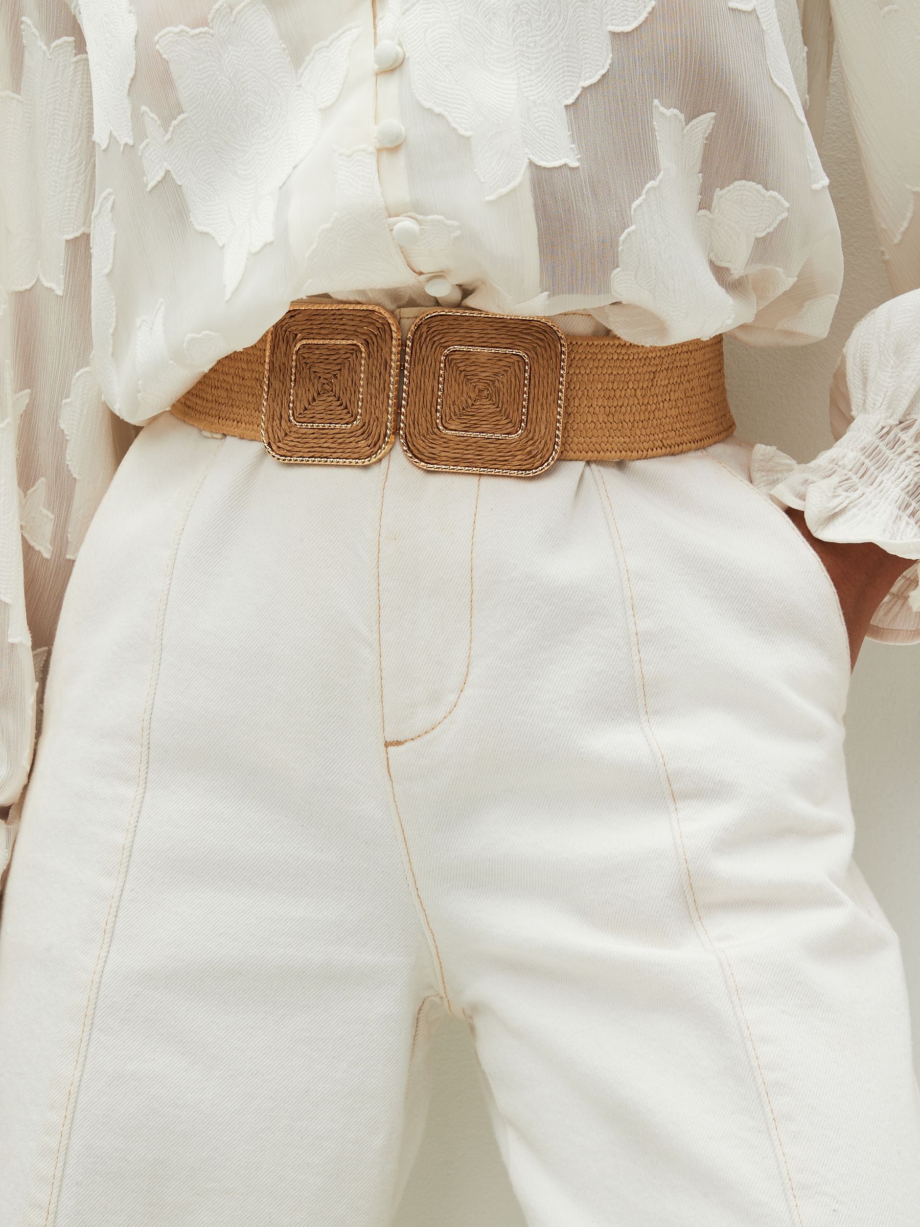 Natuurlijk - Square Buckle Wide Raffia Effect Belt