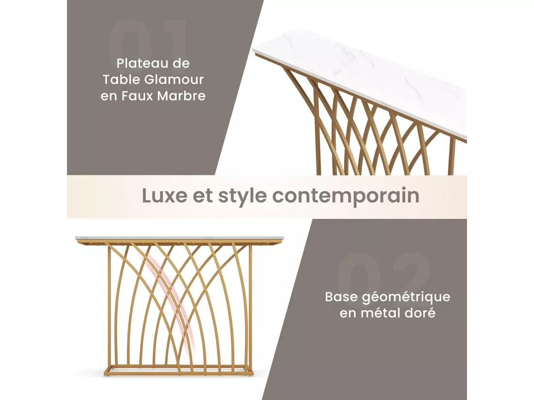 Table console, en faux marbre, design géométrique moderne, 120 x 30 x 80 cm