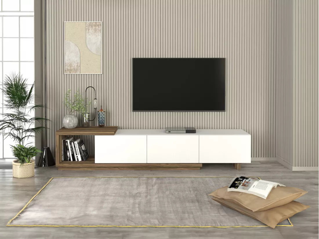 Meuble TV avec 3 tiroirs et 1 niche - Blanc et naturel - DUKIAN