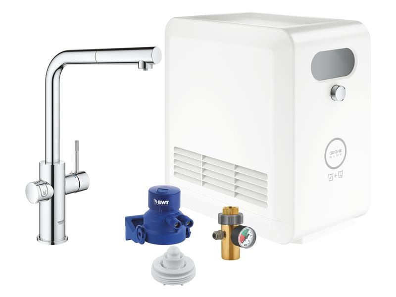 GROHE Küchenarmatur Blue Professional L-Auslauf Set Chrome Einhand-Spültischbatterie mit Filterfunktion und herausziehbarem Mousseurauslauf