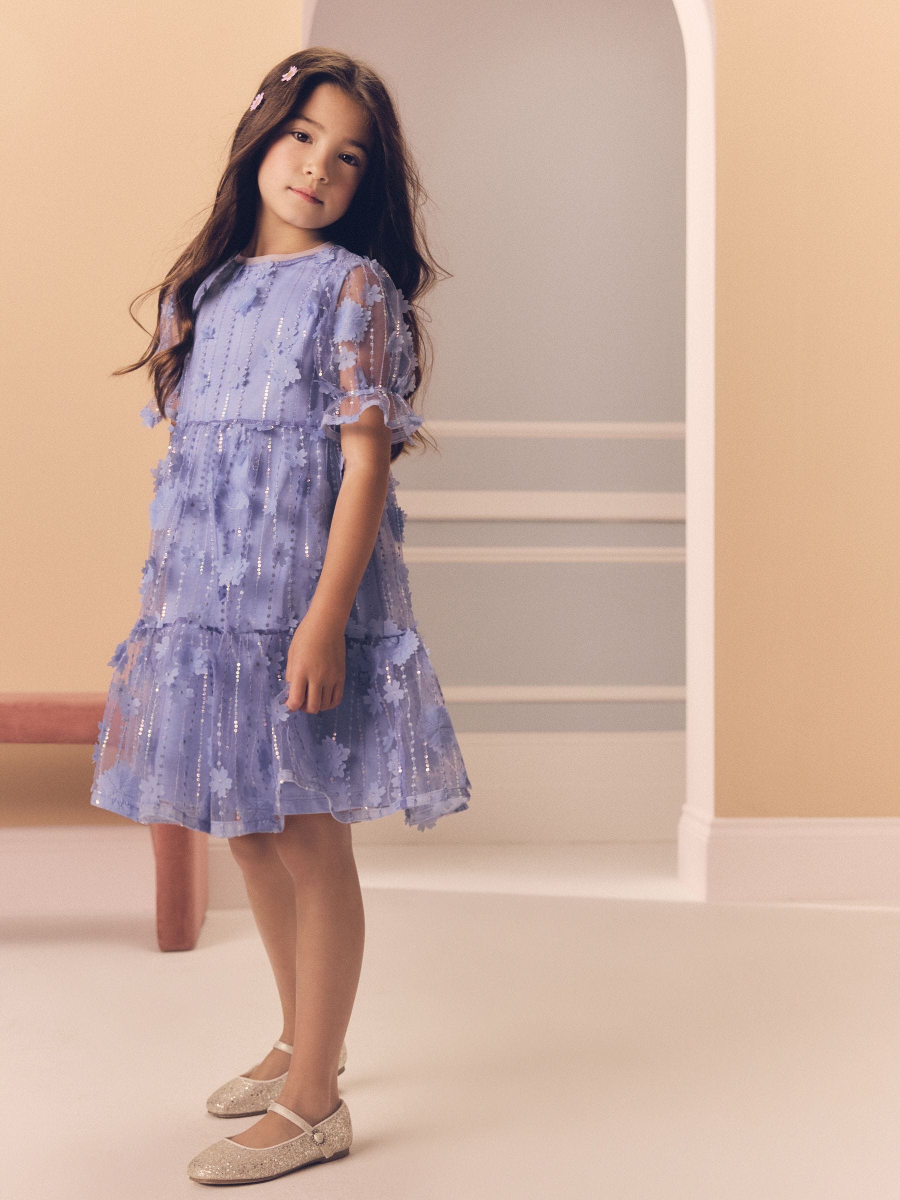 Blauw - Mesh bloemen pailletten feestelijke jurkjes (3-16jaar)