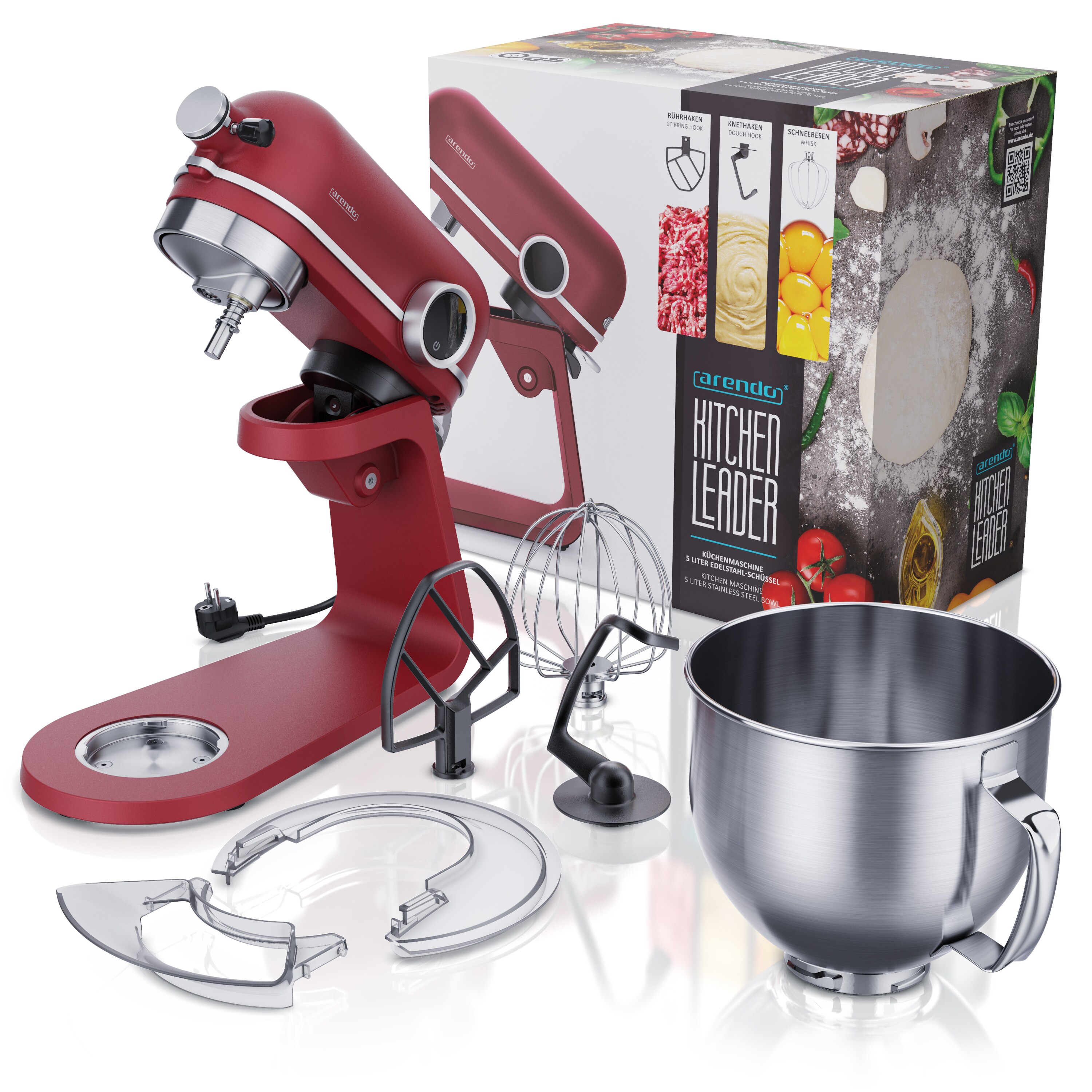 Arendo Küchenmaschine 800W mit Display, 8 Geschwindigkeitsstufen, 5l Edelstahl-Rührschüssel, inkl. 3 Rührwerkzeuge, Rot