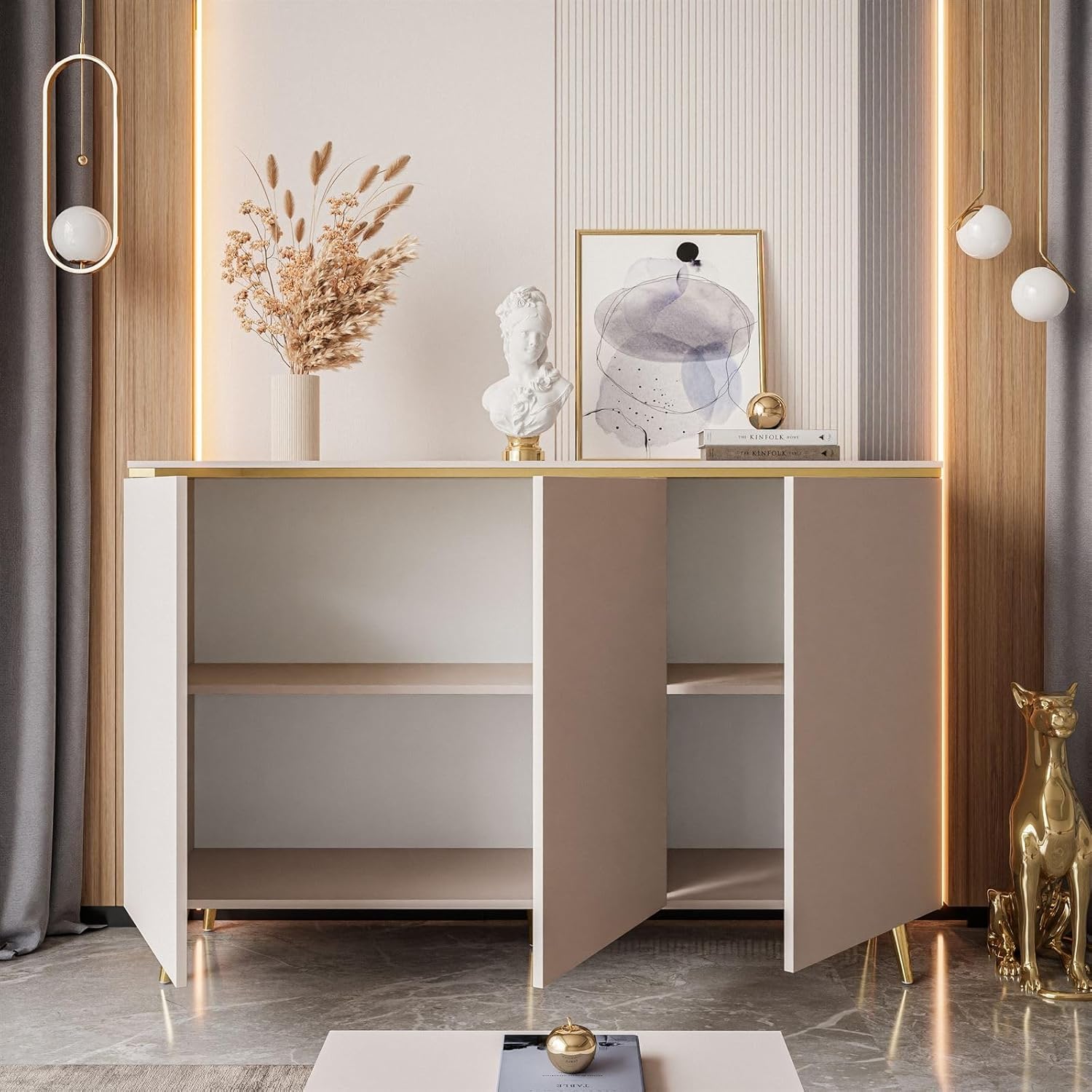 Lookway Kommode Aurora II Kaschmir Matt mit DREI Türen und Goldener Dekorleiste – Hängend oder auf eleganten Füßen – Modernes Schlafzimmermöbel (schräge Gold Chrom Beine)
