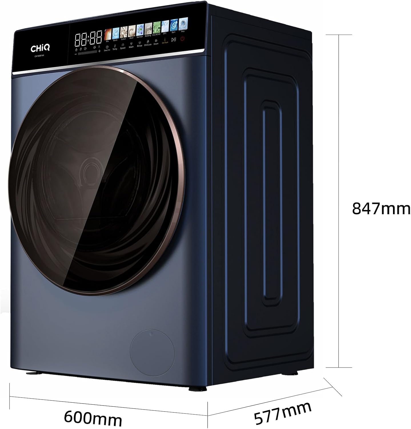 CHiQ CW106581AX Waschmaschine 10 kg, EEK A-10%| LED-Touchscreen, 1400 U/M | 12 Waschzyklen Speed Wash, Eco, Dampf, Timer| Frontlader washer, Wohnungen, Hotels, Schwarz