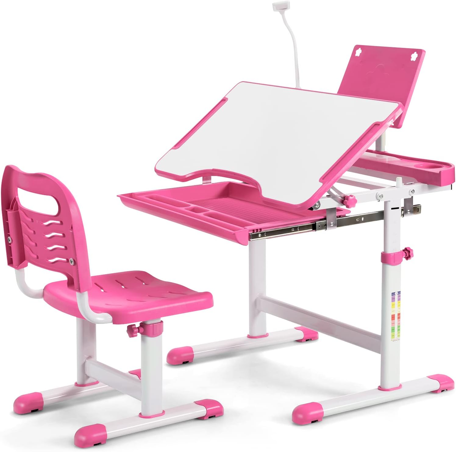 DREAMADE Kinderschreibtisch höhenverstellbar, Schülerschreibtisch neigungsverstellbar, Jugendschreibtisch mit LED-Lampe und Bücherständer, Schreibtisch Set für Kinder mit Stuhl und Schublade (Rosa)