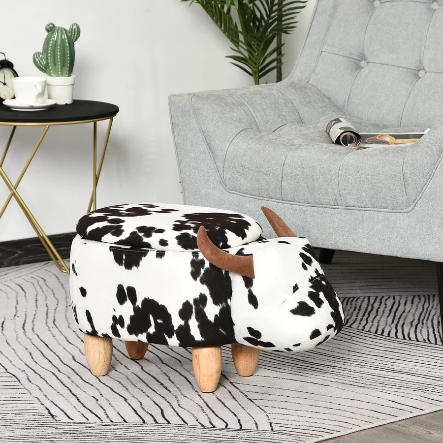 HOMCOM Kinderhocker im Kuh Design schwarz, weiß, natur
