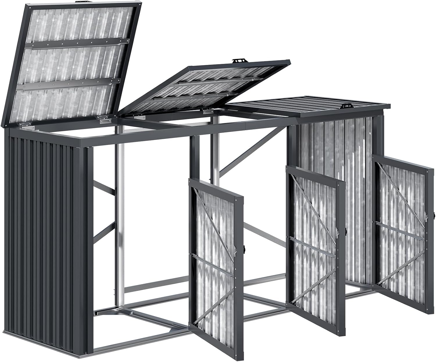 YODOLLA Mülltonnenbox 3er, Mülltonnenverkleidung 3 Tonnen bis 240L, Abschließbar Gartenschrank Wetterfest Geräteschuppen für den Außenbereich, 236x79x124cm, Dunkelgrau