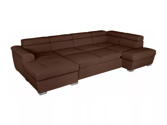 Canapé panoramique 6 places Paola convertible avec 2 coffres en velours côtelé - Marron - L320,5 x P188 x H76cm - Loungitude