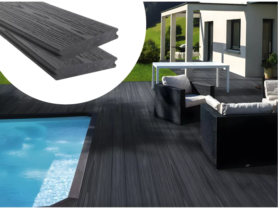 Lot de 3 lames de terrasse en composite coextrusion - Long: 2,4m - 1 m2 Gris