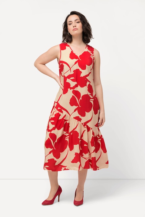 Midikleid, Blüten, A-Linie, V-Ausschnitt, ärmellos