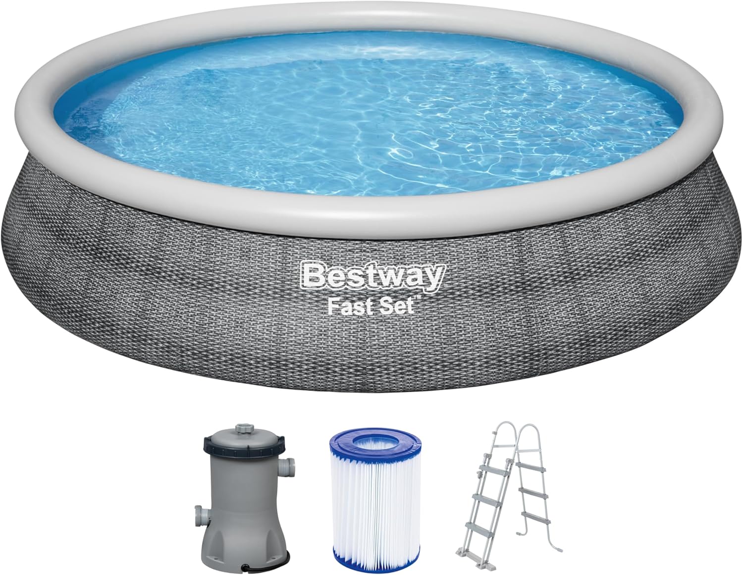 Bestway Fast Set Pool, 457 x 107 cm, Komplett-Set mit Filterpumpe, rund, graue Rattan-Optik