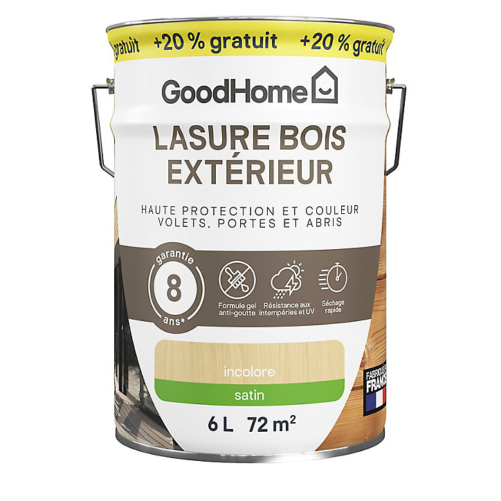 Lasure extérieure GoodHome incolore satin 8 ans 5L + 20% gratuit