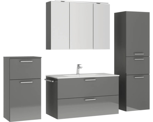 Badkamermeubelset NOBILIA Programma 2 BxHxD 210 x 169,1 x 48,7 cm, fronten hoogglans grijs, met wastafelmeubel en 3-deurs spiegelkast met ledverlichting, onderkast, halfhoge kast, greep mat chroom, 277