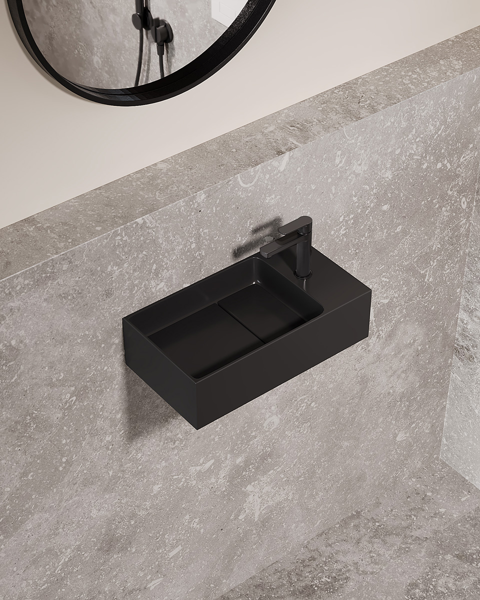 Saniclear Itsie fontein mat zwart met kraangat rechts 39x22x10cm