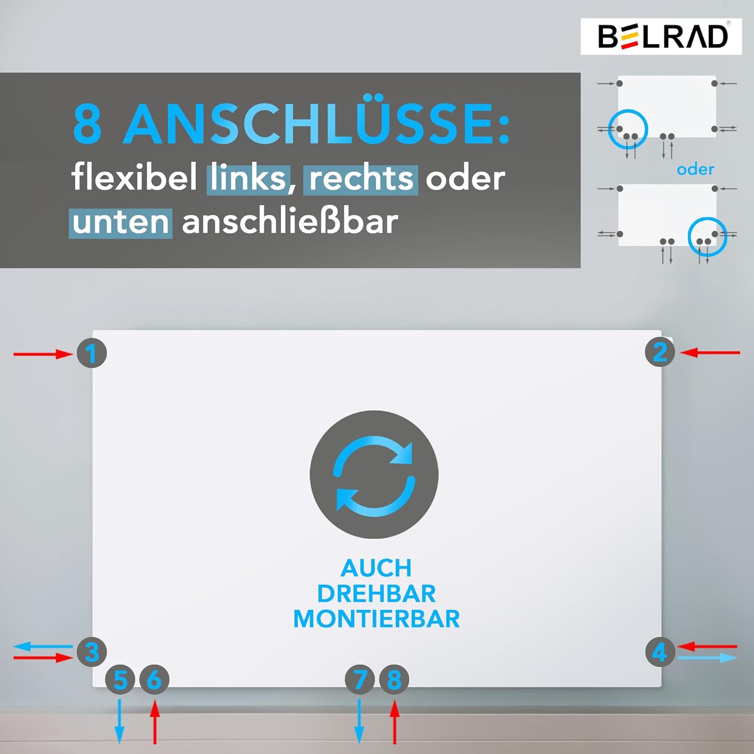 Belrad® Planheizkörper Typ 22 - glatt & plan, Universalheizkörper für Wandmontage, Mittelanschluss, inkl. Halter & Ventil, RAL 9016 reinweiß, 8 Anschlüsse 500x800 mm (HxB)