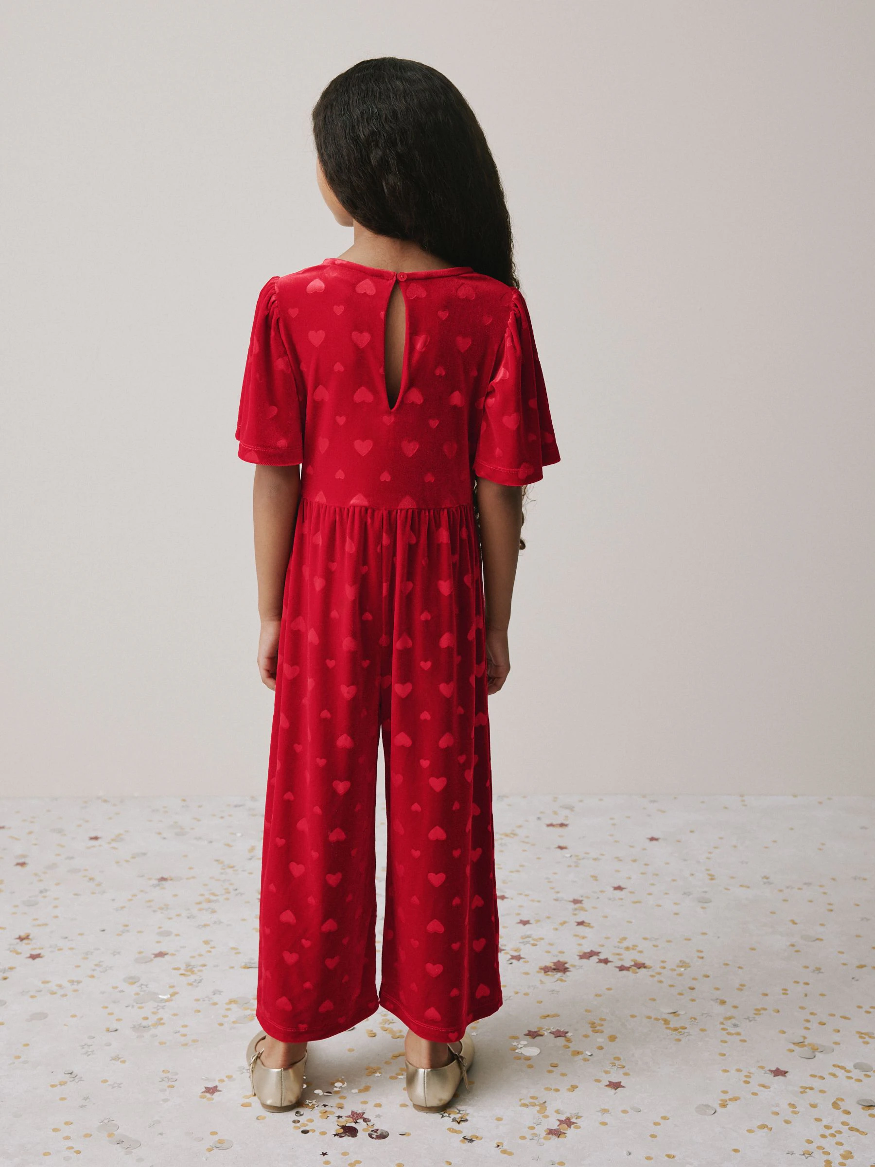 Rood - Heart Embossed Velour Jumpsuit (3-16yrs)