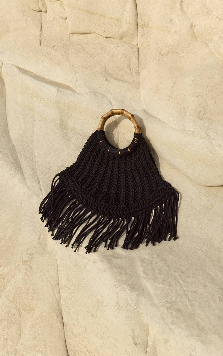 Noir Sac À Main En Macramé À Pompons Avec Poignée En Bois