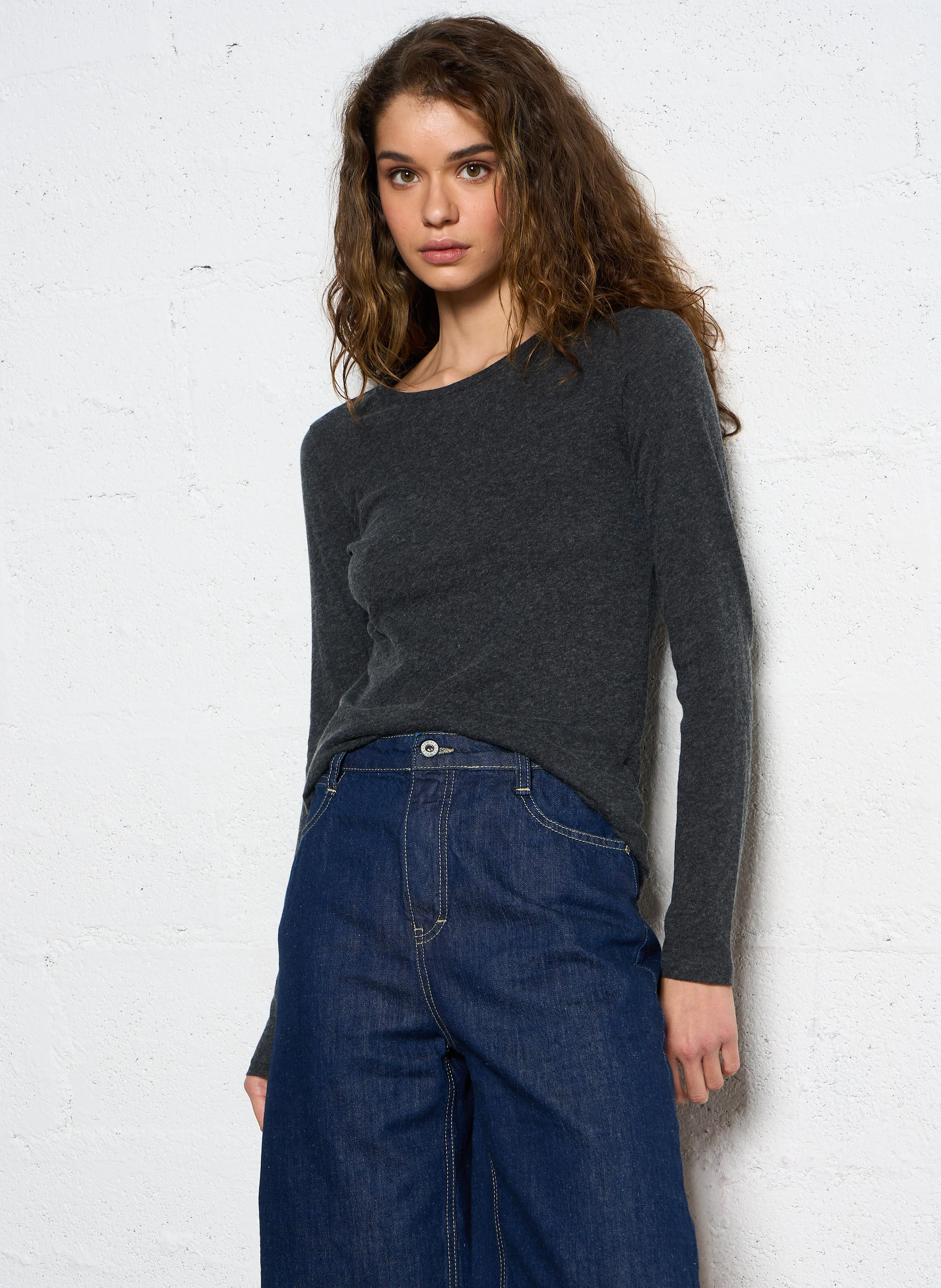 Tee-shirt col rond en coton et cachemire mélangé | Gris
