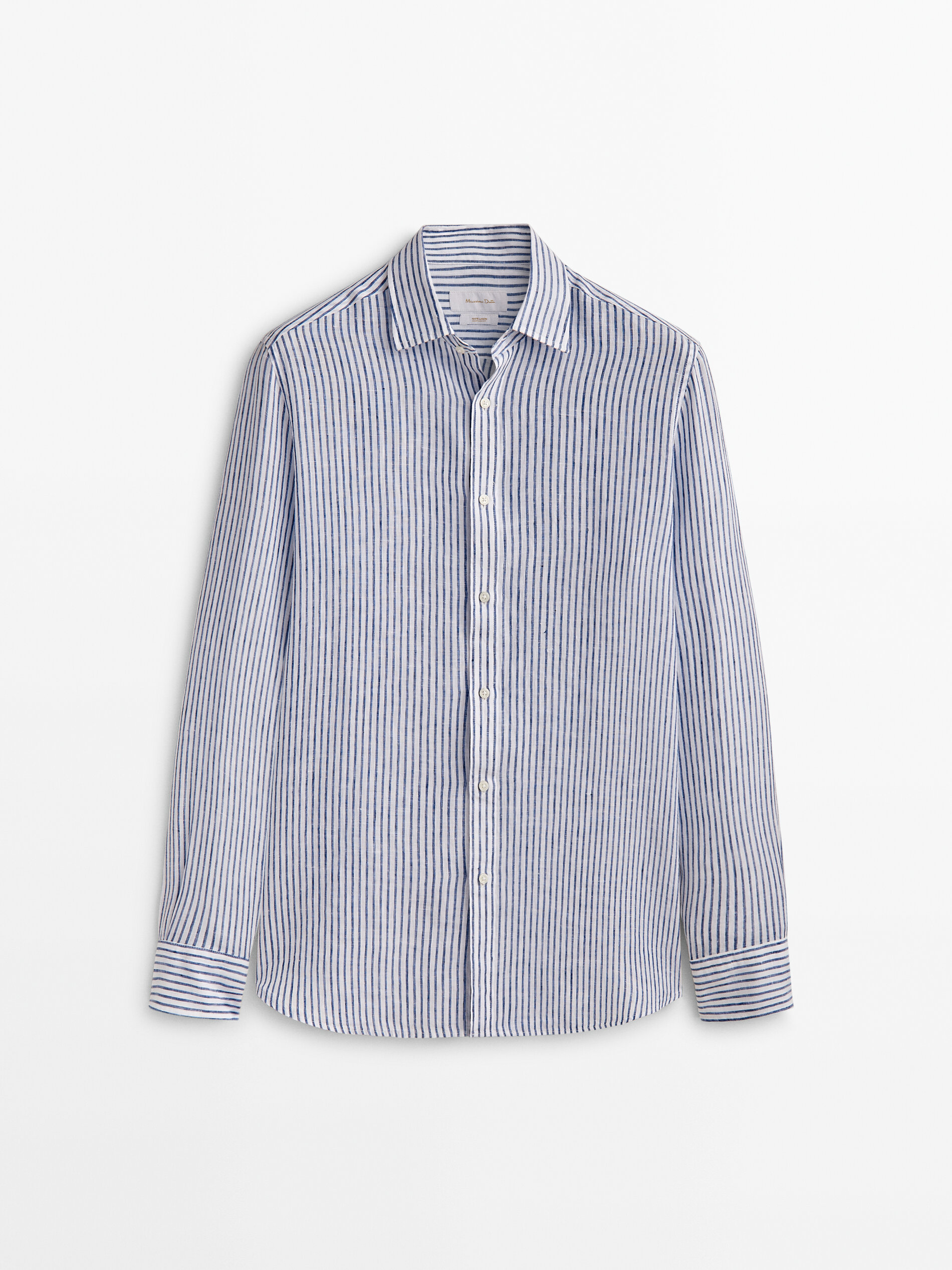 Camisa de linho com micro listras e modelagem regular - AZUL ESCURO