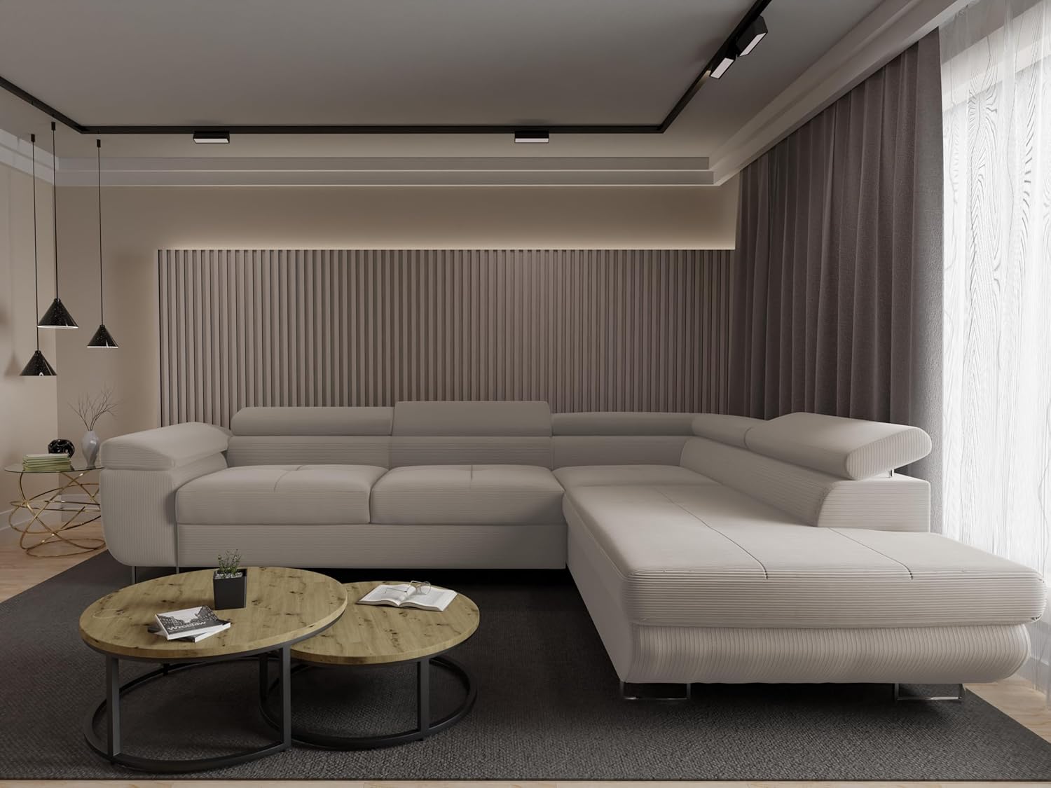 Ecksofa Luna mit Schlaffunktion und Bettkasten – 275x202 cm – verstellbare Kopfstützen – Liegefläche 193x125 cm – Couch – Schlafsofa – L-Sofa mit Stauraum (Poso 100 Beige, Seite: Rechts)