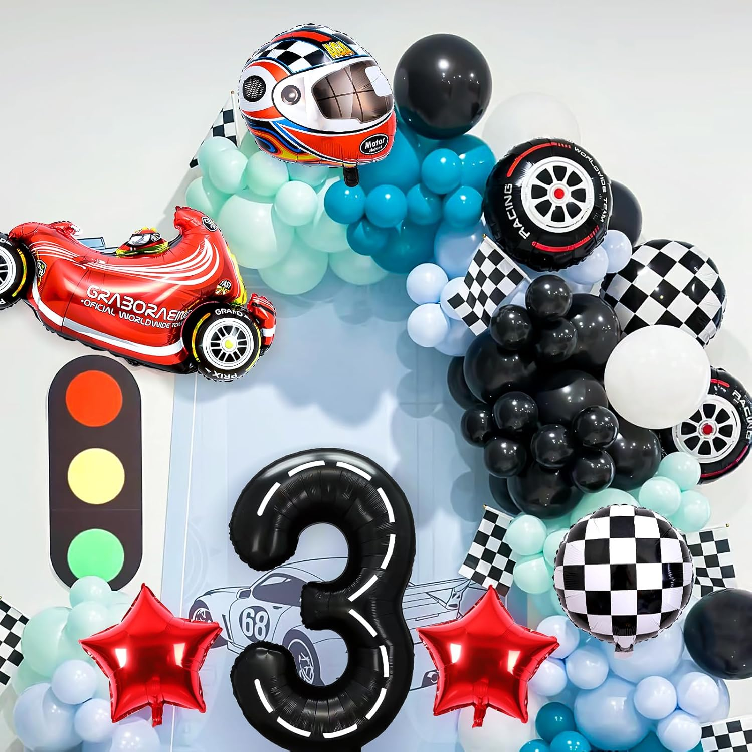 (8-tlg. Set) Zahlen Ballon Kinder Geburtstags Party Folienballon - Zahl 3 / Rennauto