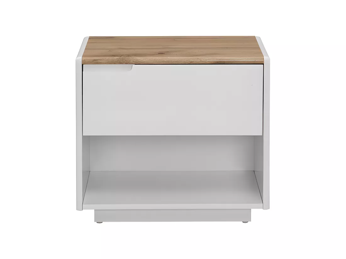Table de chevet - 1 tiroir et 1 niche - MDF - Blanc laqué et Chêne - AMANI