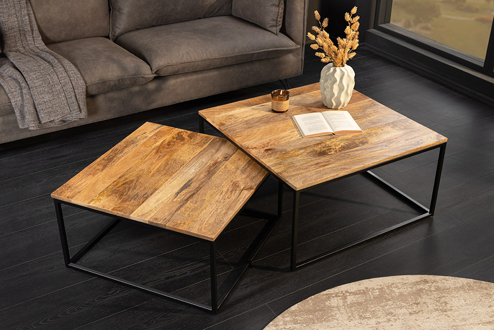 Design Couchtisch 2er Set ELEMENTS 75cm Mangoholz braun schwarzes Gestell