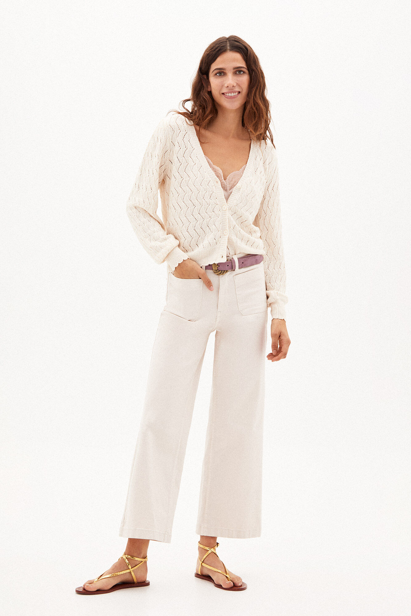 Calça jeans Tessa de perna larga com bolsos - Bege