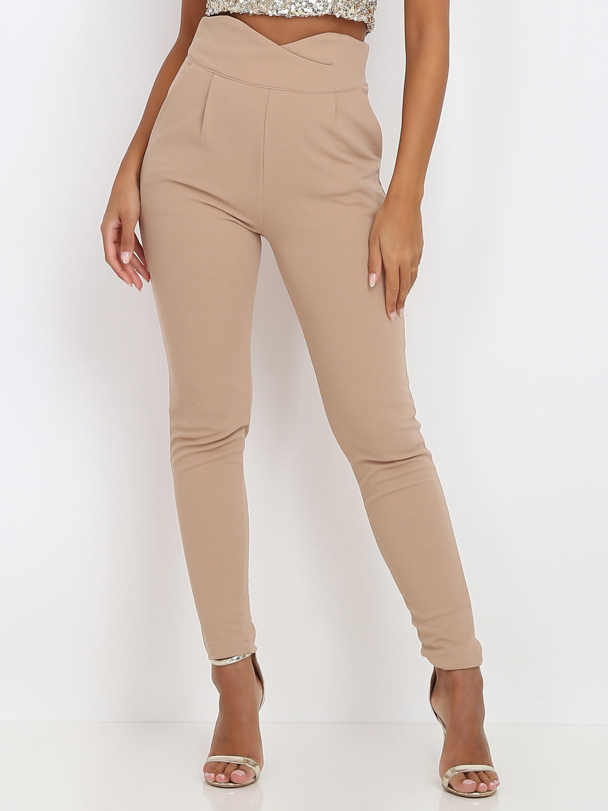 Pantalon uni taille haute- Taupe