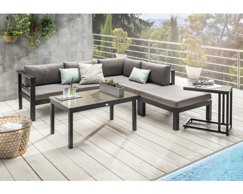 Destiny 4-zits loungeset bestaande uit: 1 hoekmodule, bijzettafel, tafel inclusief kussens, aluminium antraciet