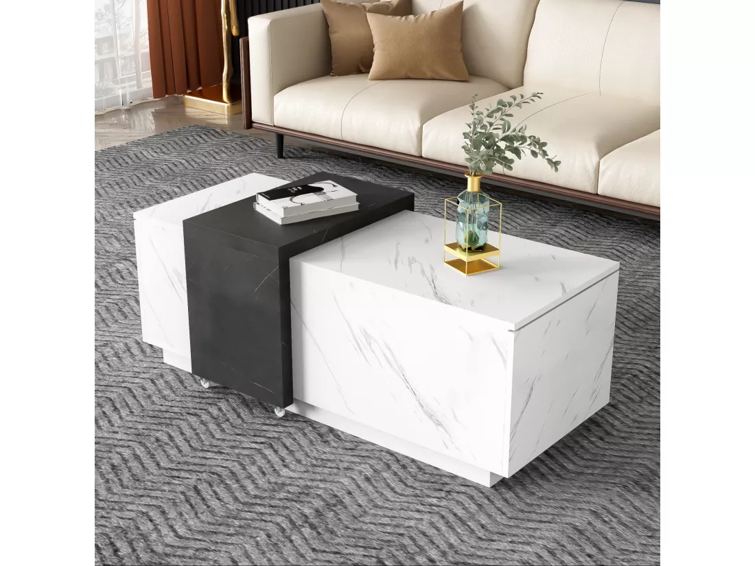 Table basse avec 2 portes et plateau mobile, look en marbre, panneau de particule, pour le salon et le bureau, 110x50x36cm
