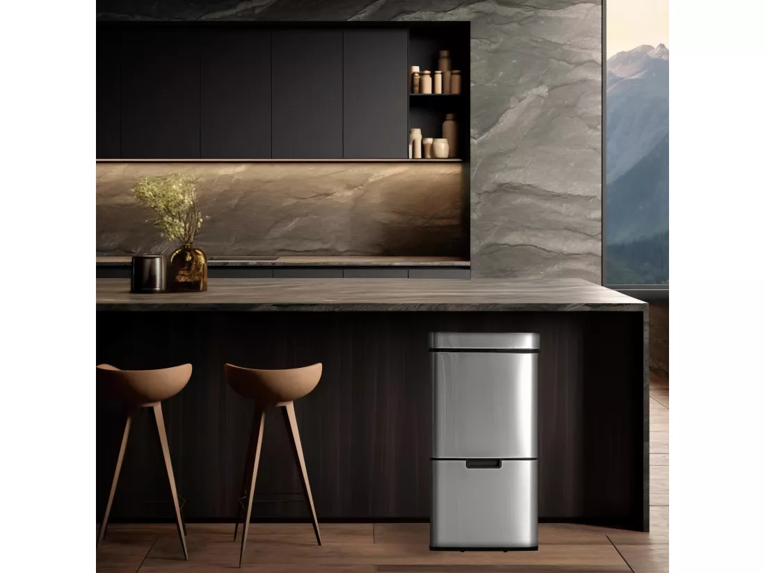 WELL HOME Poubelle de tri 62L (37L+25L), poubelle à 2 compartiments, ouverture automatique avec capteur, en inox, chromé