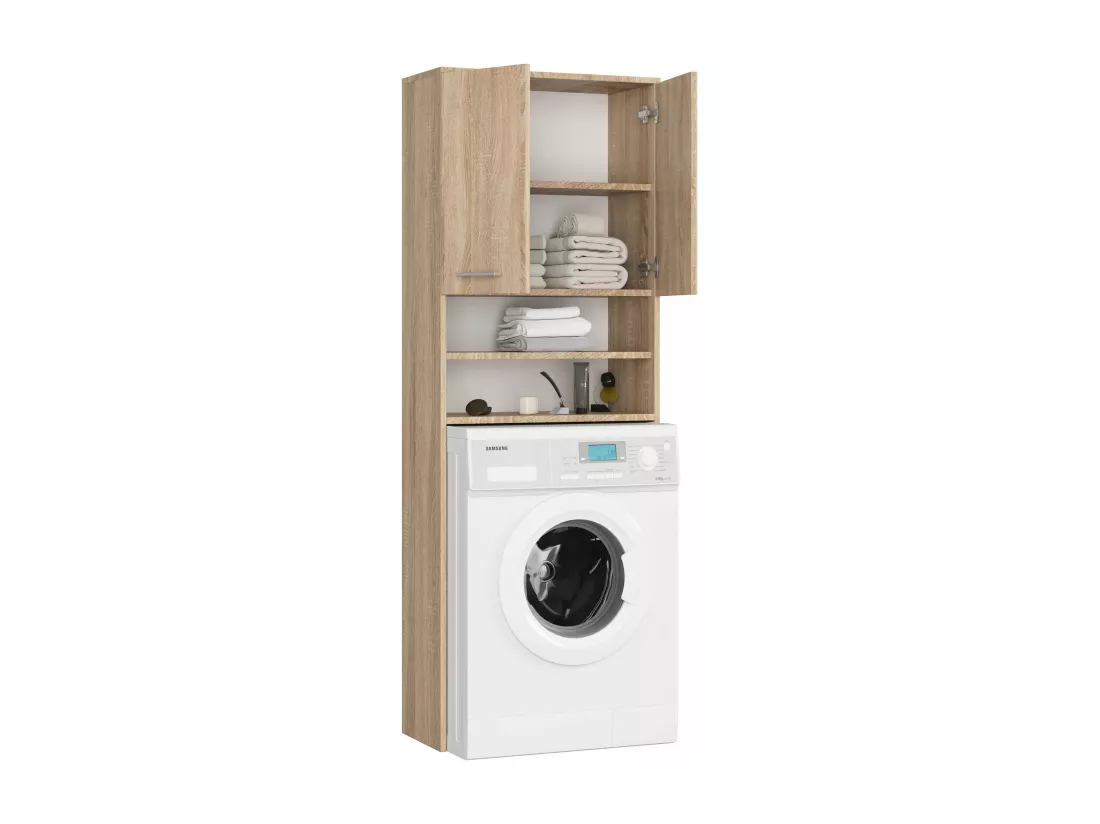 meuble machine a laver 2 portes façade bois chêne sonoma 4 étagères 64x30x180 cm