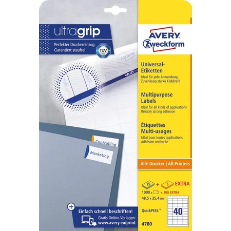 Avery Zweckform 4780 Universal-Etiketten,A4 mit ultragrip,48,5 x 25,4 mm, 30 Bogen/1.200 Etiketten, weiß