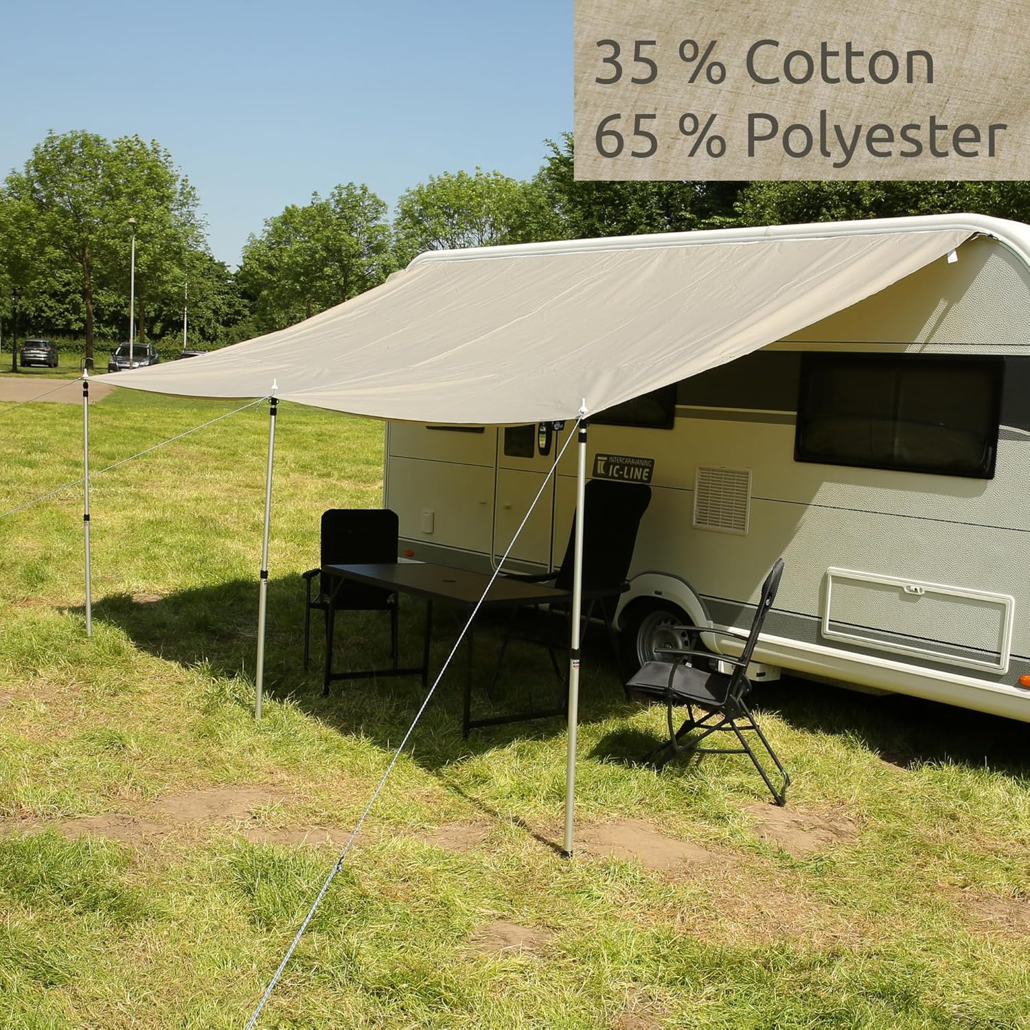 your GEAR Caravan Tarp TC Wohnwagen Sonnendach – wasserdichtes Baumwoll-Sonnensegel mit UV 50+, Alu-Teleskopstangen, in 5 Größen (Beige/Sand, 450 x 240 cm)