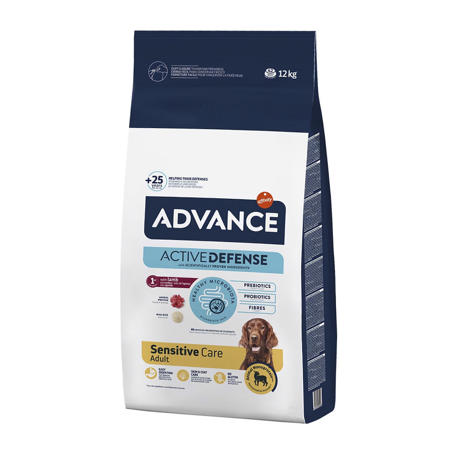Ração Advance Active Defense Sensitive para cães, sabor cordeiro e arroz.